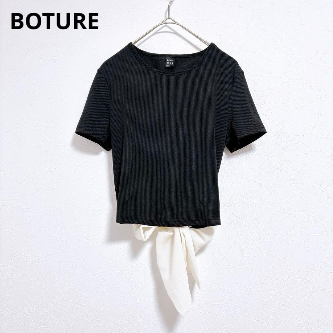 【 Boture 】Tシャツ　半袖　リブ素材 　黒　後ろリボン バックオープン — image 1